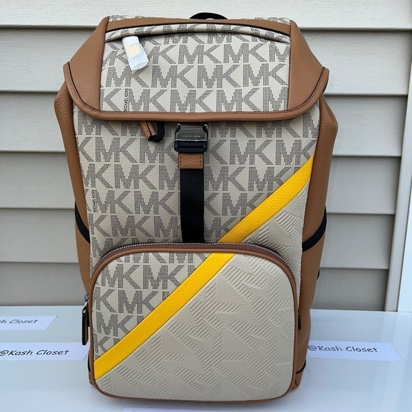 Michael Kors Mens Backpack Cooper Embossed Leather Logo Stripe Backpack Chino - Picture 1 of 11